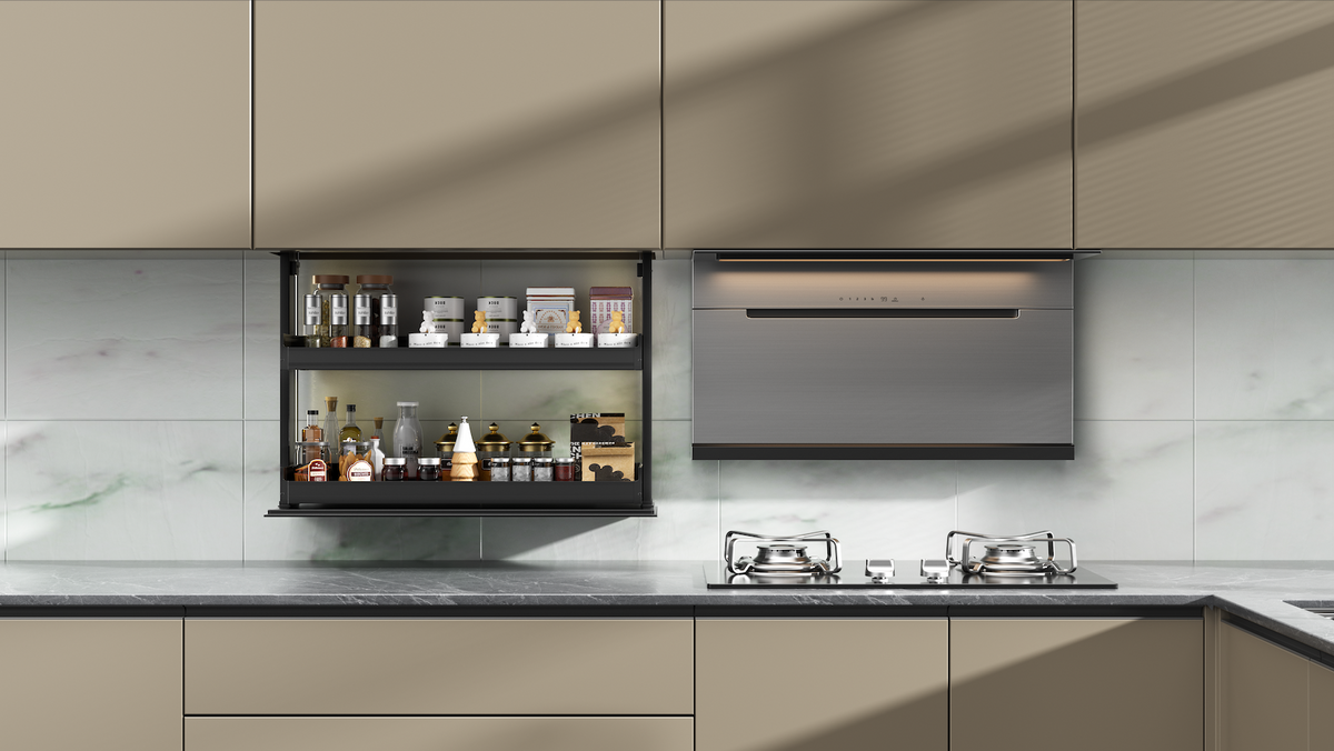 Nasconda automatic lift rack system descending from an overhead kitchen cabinet