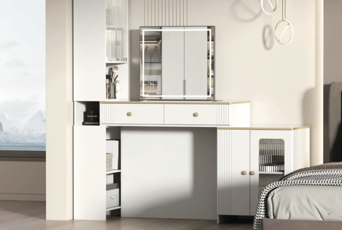 Riflesso automatic rising mirror lift revealing concealed storage behind it
