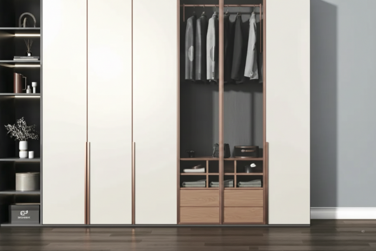 Sospeso automatic wardrobe hanging rail in rose gold, lowered from a tall wardrobe